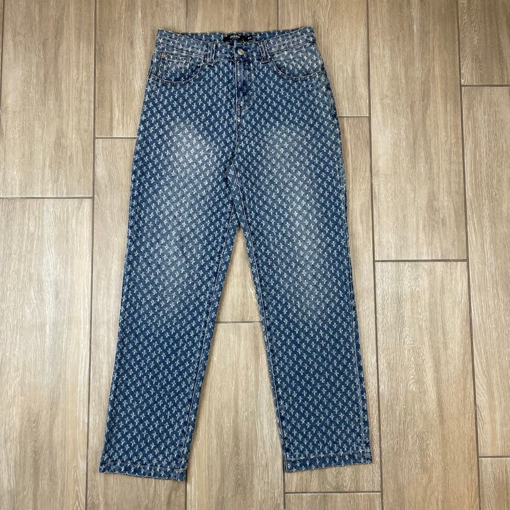 Jaded London Jeans W32 Blue Distressed Monogram Print Straight Leg Y2K Skater